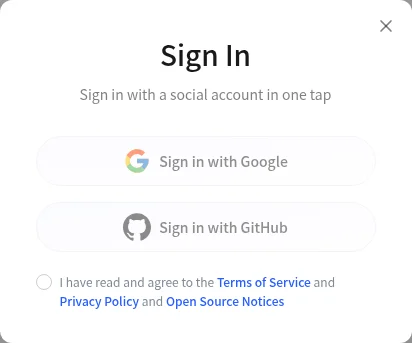 LightVela sign-in dialog with Google and GitHub