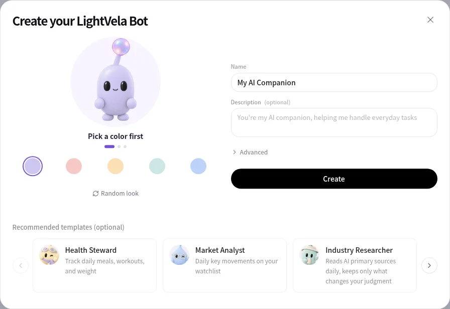 LightVela Bot creation form with an avatar selector, name field, description field, and Create button