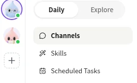 LightVela Bot avatar bar beside Channels, Skills, and Scheduled Tasks navigation