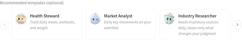 LightVela Bot creation templates including Health Steward, Market Analyst, and Industry Researcher