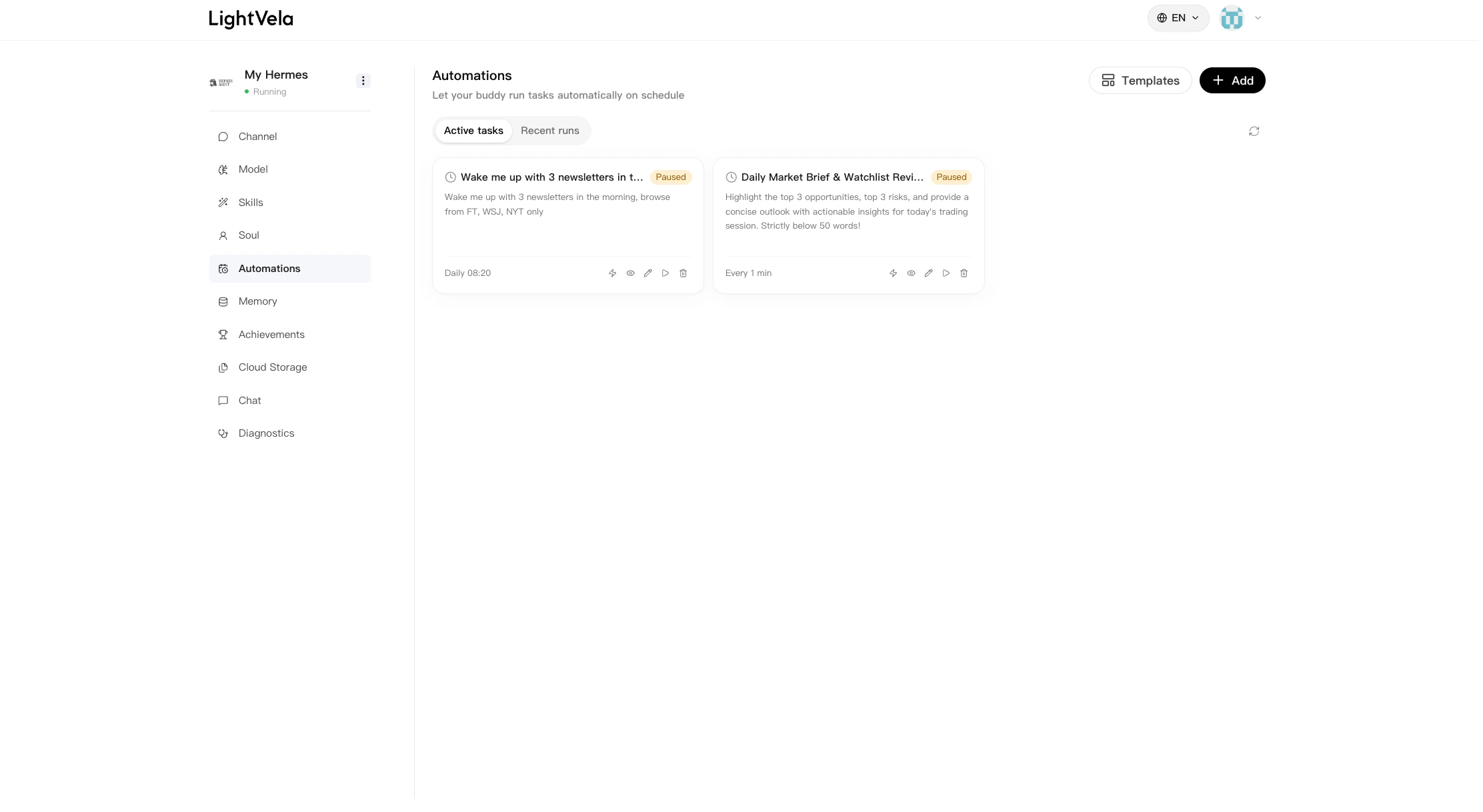 The Automations page in the LightVela console