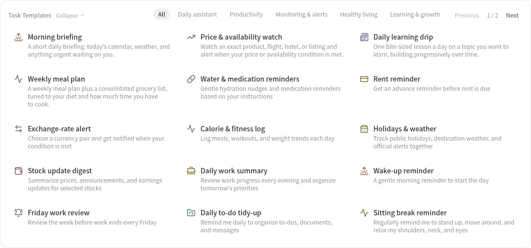Official task templates in the LightVela Scheduled Tasks page