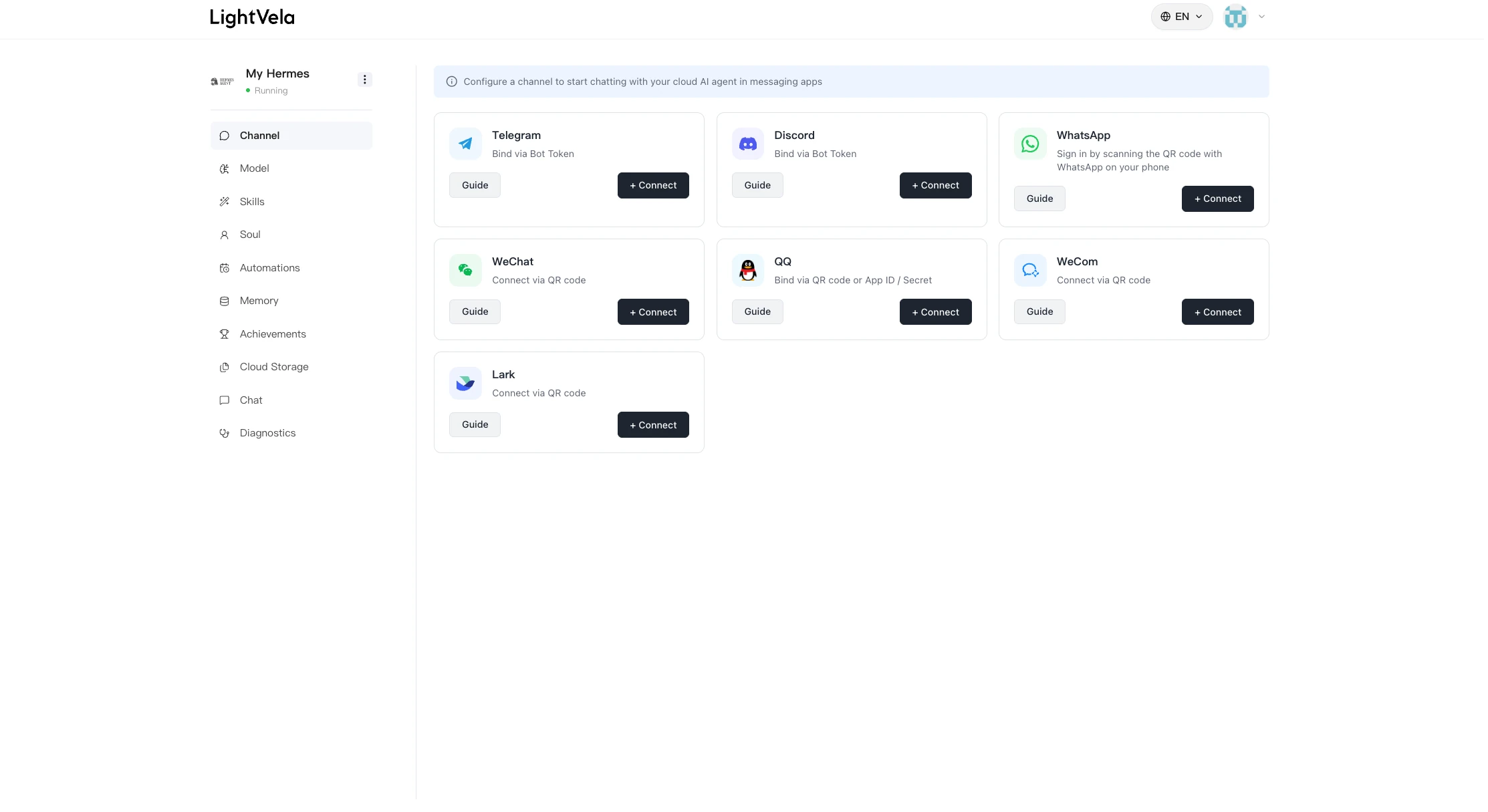 The Channel page in the LightVela console