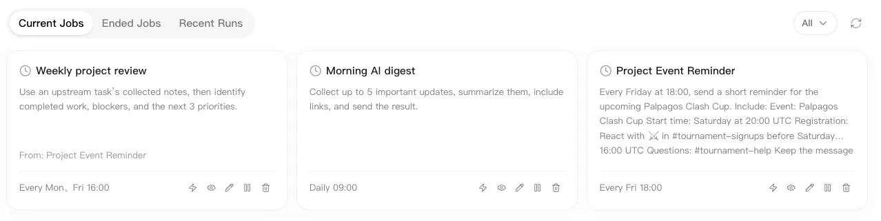 Scheduled Tasks current jobs list with recurring Agent tasks