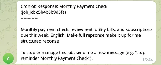 A scheduled notification delivered directly in Telegram