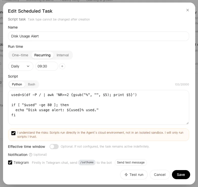 Create a recurring script task for a disk usage alert