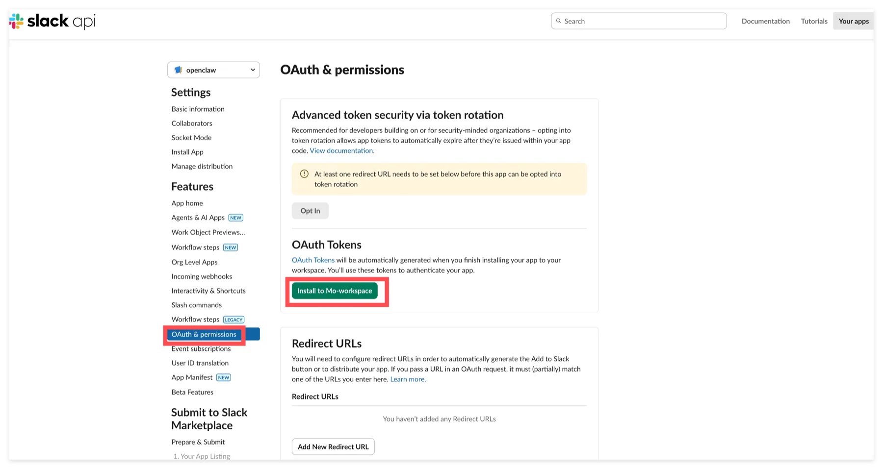 Install the Slack app to the workspace