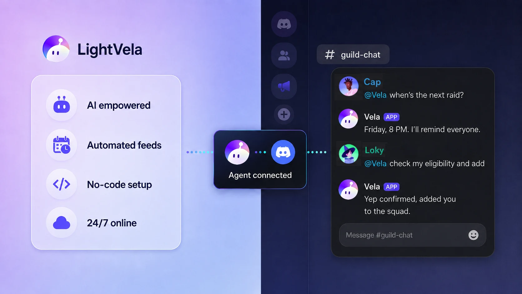 LightVela Agent connected to a Discord community
