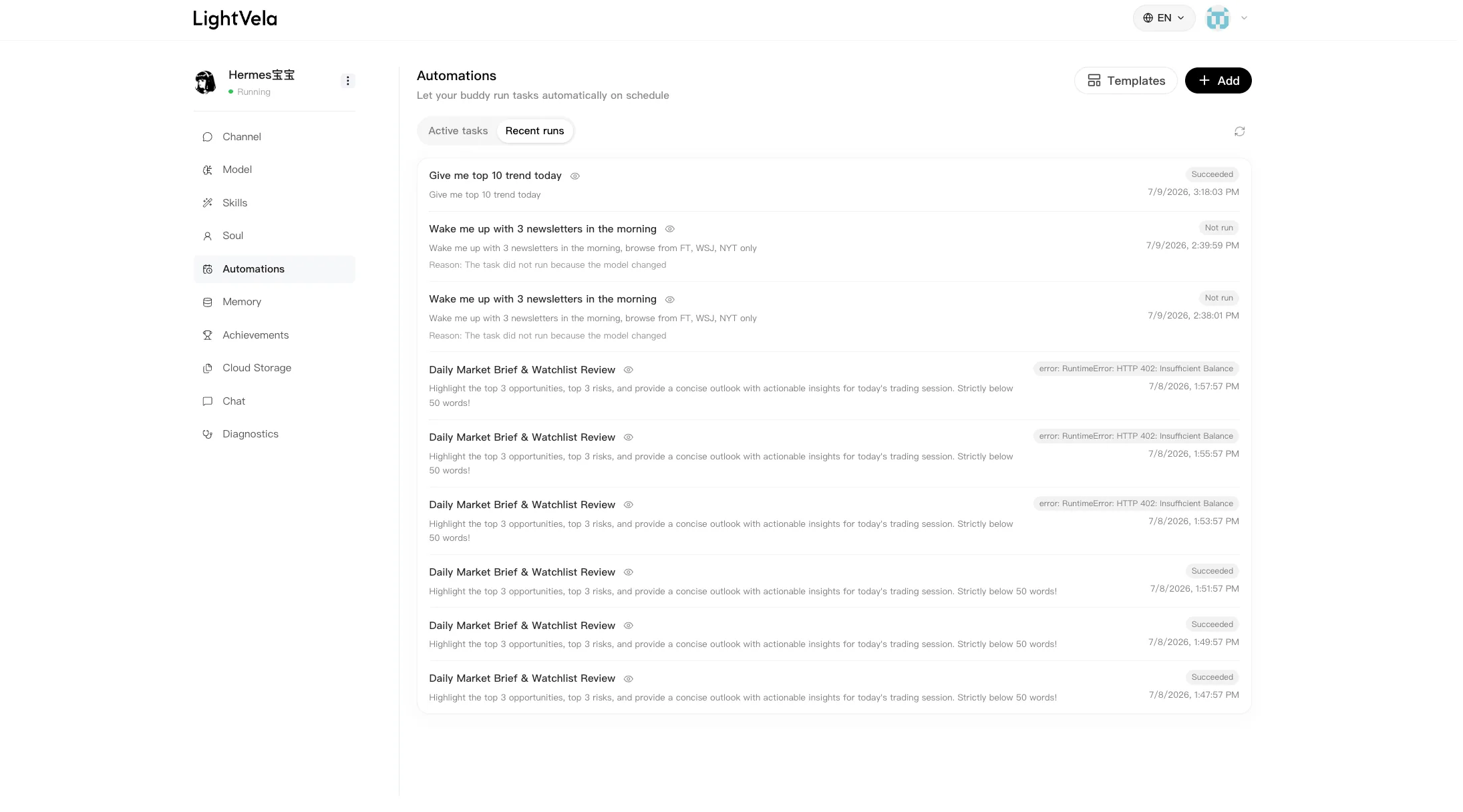 Recent scheduled task runs from a Hermes Agent