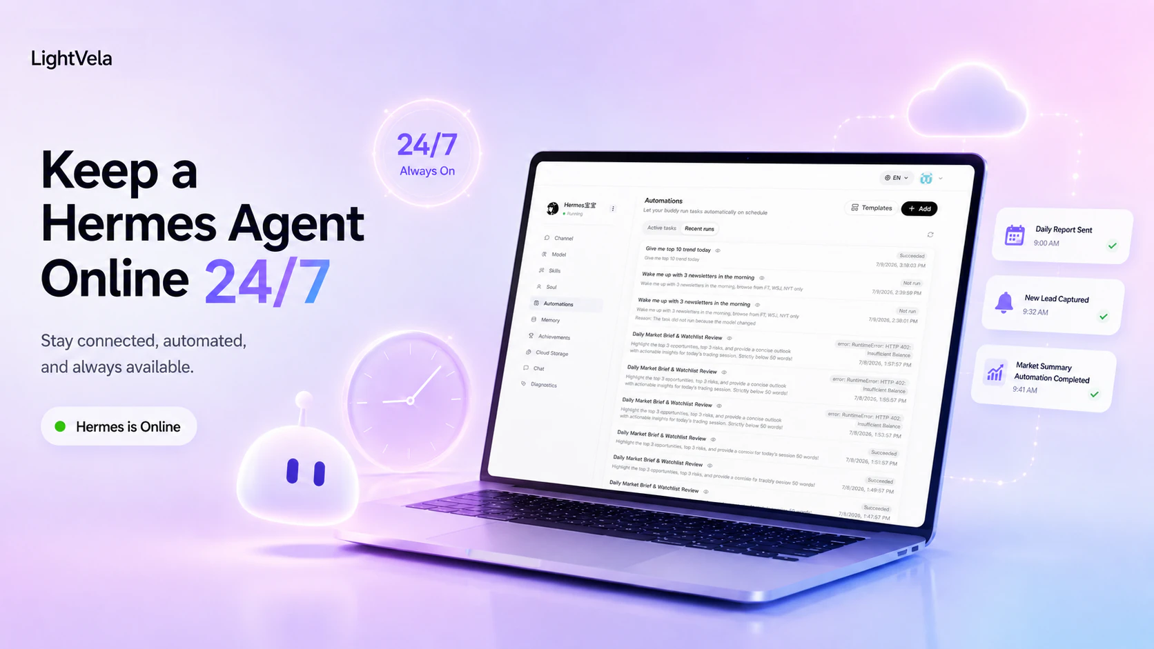 A Hermes Agent online in the LightVela console